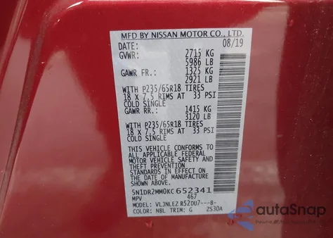 2019 Nissan Pathfinder Sv z USA, uszkodzony, nr VIN 5N1DR2MM0KC652341